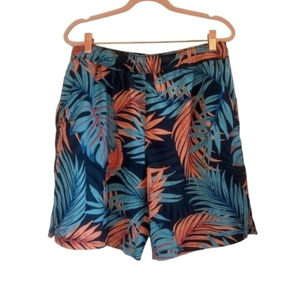 Speedo Mens Tropical Palm Leaf Print Swim Trunks Blue Peach Size Medium